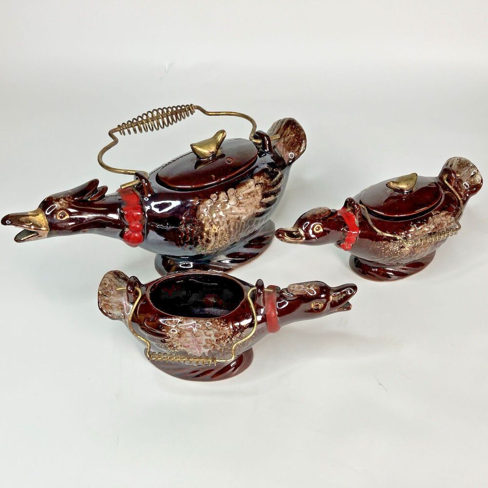5 Piece VTG Redware Ceramic Duck Tea Set Teapot Cream Sugar Japan W/ Lids Animal